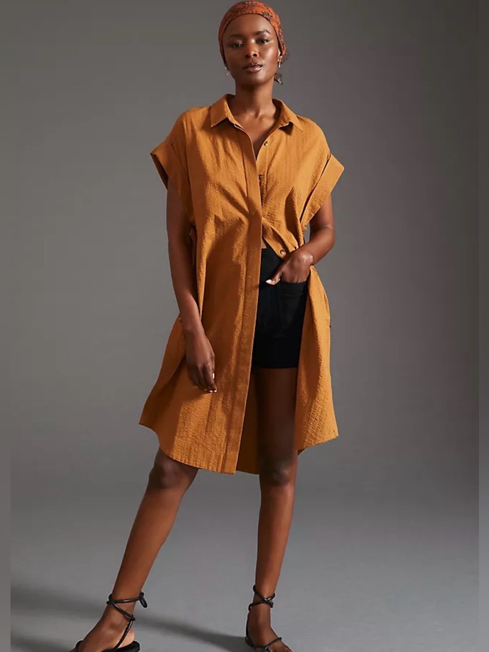 Maeve Anthropologie XXS Ochre Brown Cotton Textured Shirt Dress Button Side